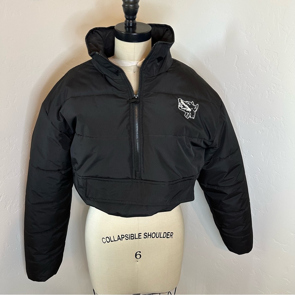 Women's Black Cropped Puffer Jacket with Embroidered Detail